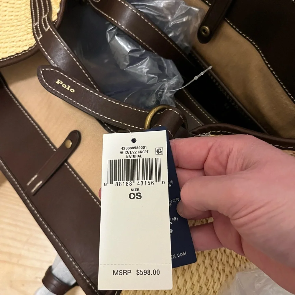 NWT Polo by Ralph Lauren Leather-Trim Straw Medium Bellport Tote - Picture 11 of 14